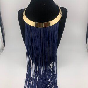 Gold Tone Collar Necklace with Blue Fringe